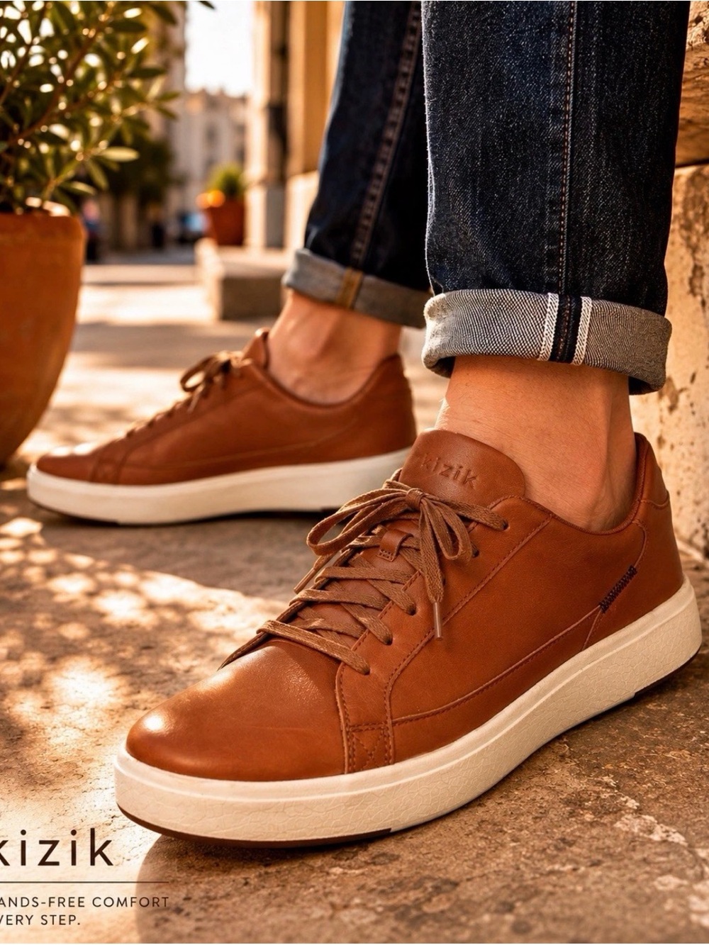 Men's Brown Leather Low-Top Sneakers by Kizik
